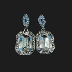 Art Deco Faux Diamond Crystal Drop Dangle Stud Earrings | Emerald Cut Rhinestone